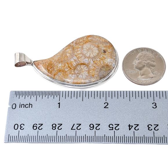 Coral Fossil Pendant | Teardrop Stone Setting | Sterling Silver 925 - Picture 7 of 8